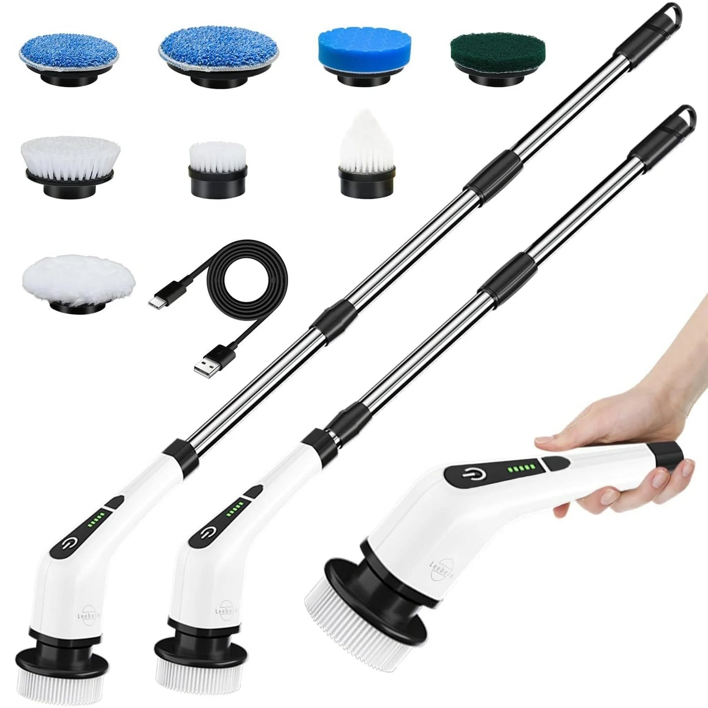 Electric Spin Scrubber, Cordless Cleaning Brush with 8 Replaceable Brush Heads, Power Scrubber with Adjustable & Detachable Handle for Bathroom Kitchen Car,White
