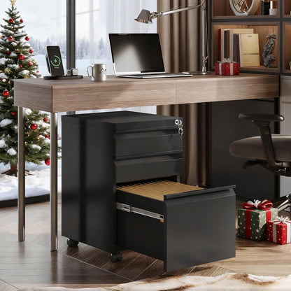 3 Drawer Mobile File Cabinet with Lock, Metal Filing Cabinet under Desk for Home Office, Fully Assembled except Casters, Fits Letter/Legal/A4 Size, Black