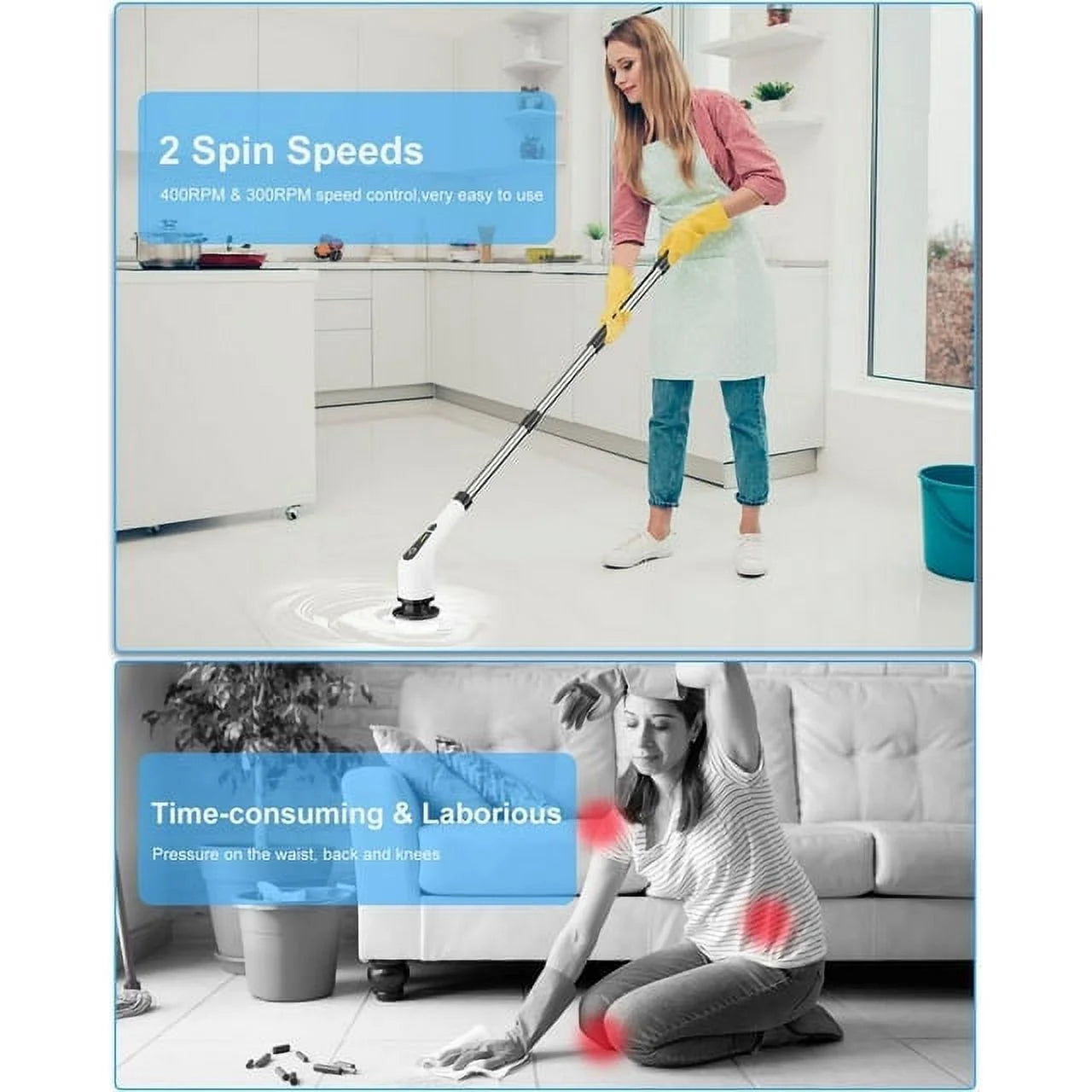Electric Spin Scrubber, Cordless Cleaning Brush with 8 Replaceable Brush Heads, Power Scrubber with Adjustable & Detachable Handle for Bathroom Kitchen Car,White