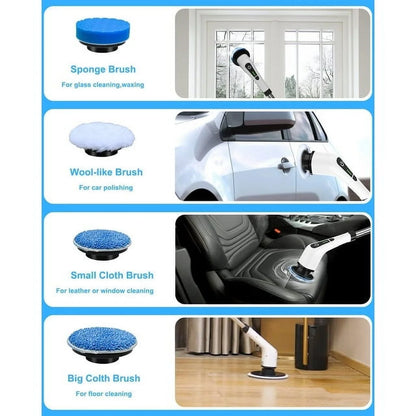Electric Spin Scrubber, Cordless Cleaning Brush with 8 Replaceable Brush Heads, Power Scrubber with Adjustable & Detachable Handle for Bathroom Kitchen Car,White