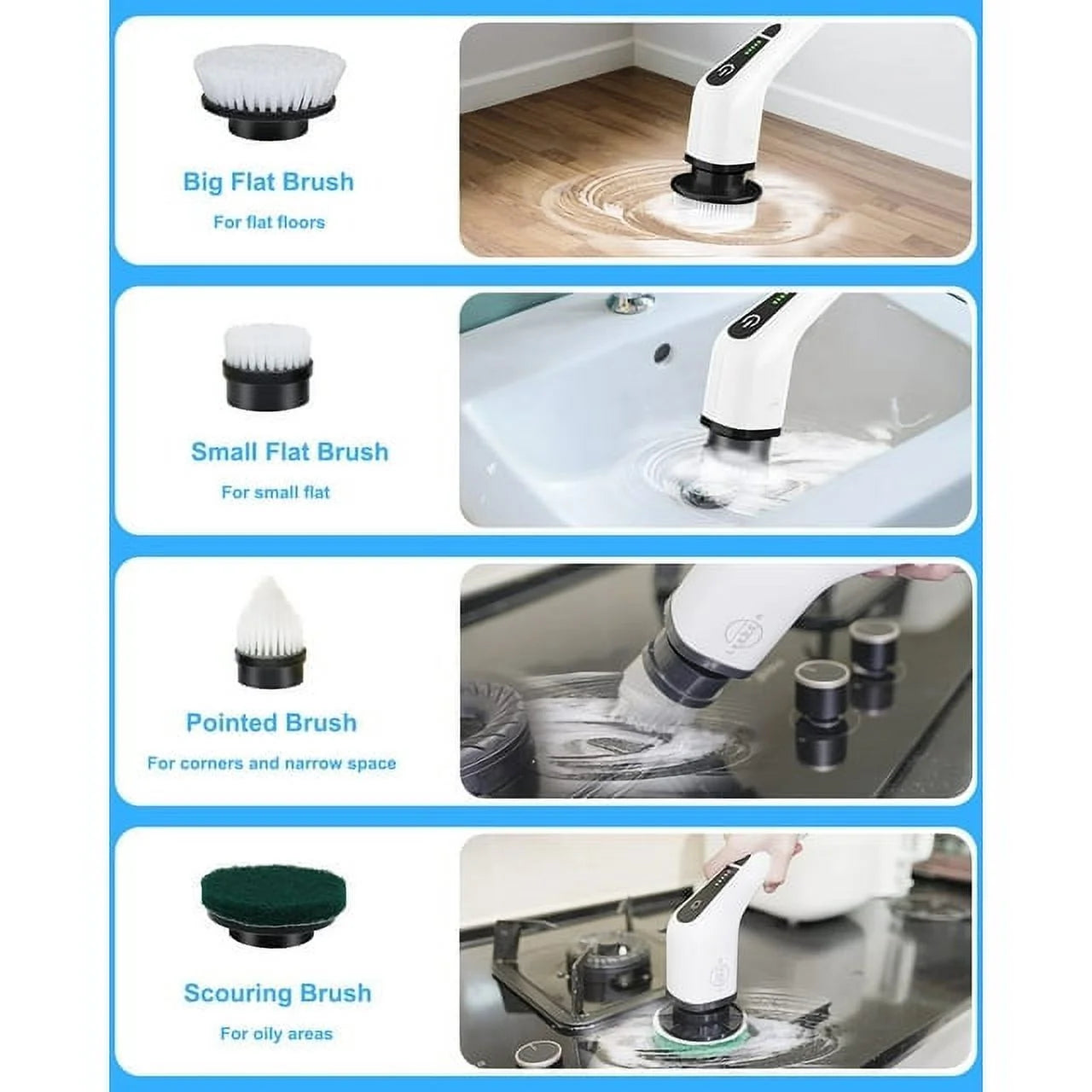 Electric Spin Scrubber, Cordless Cleaning Brush with 8 Replaceable Brush Heads, Power Scrubber with Adjustable & Detachable Handle for Bathroom Kitchen Car,White
