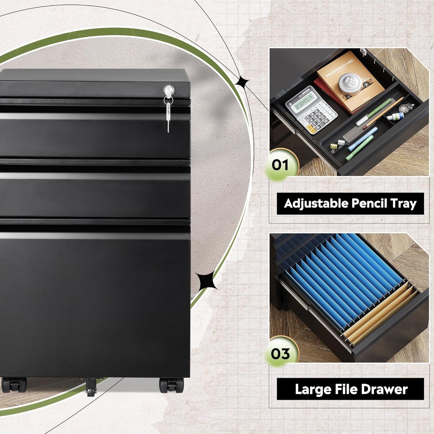 3 Drawer Mobile File Cabinet with Lock, Metal Filing Cabinet under Desk for Home Office, Fully Assembled except Casters, Fits Letter/Legal/A4 Size, Black