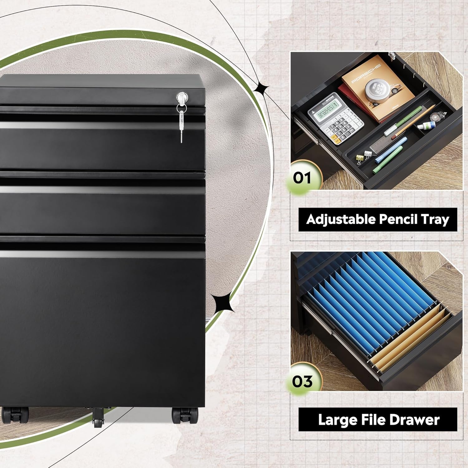 3 Drawer Mobile File Cabinet with Lock, Metal Filing Cabinet under Desk for Home Office, Fully Assembled except Casters, Fits Letter/Legal/A4 Size, Black