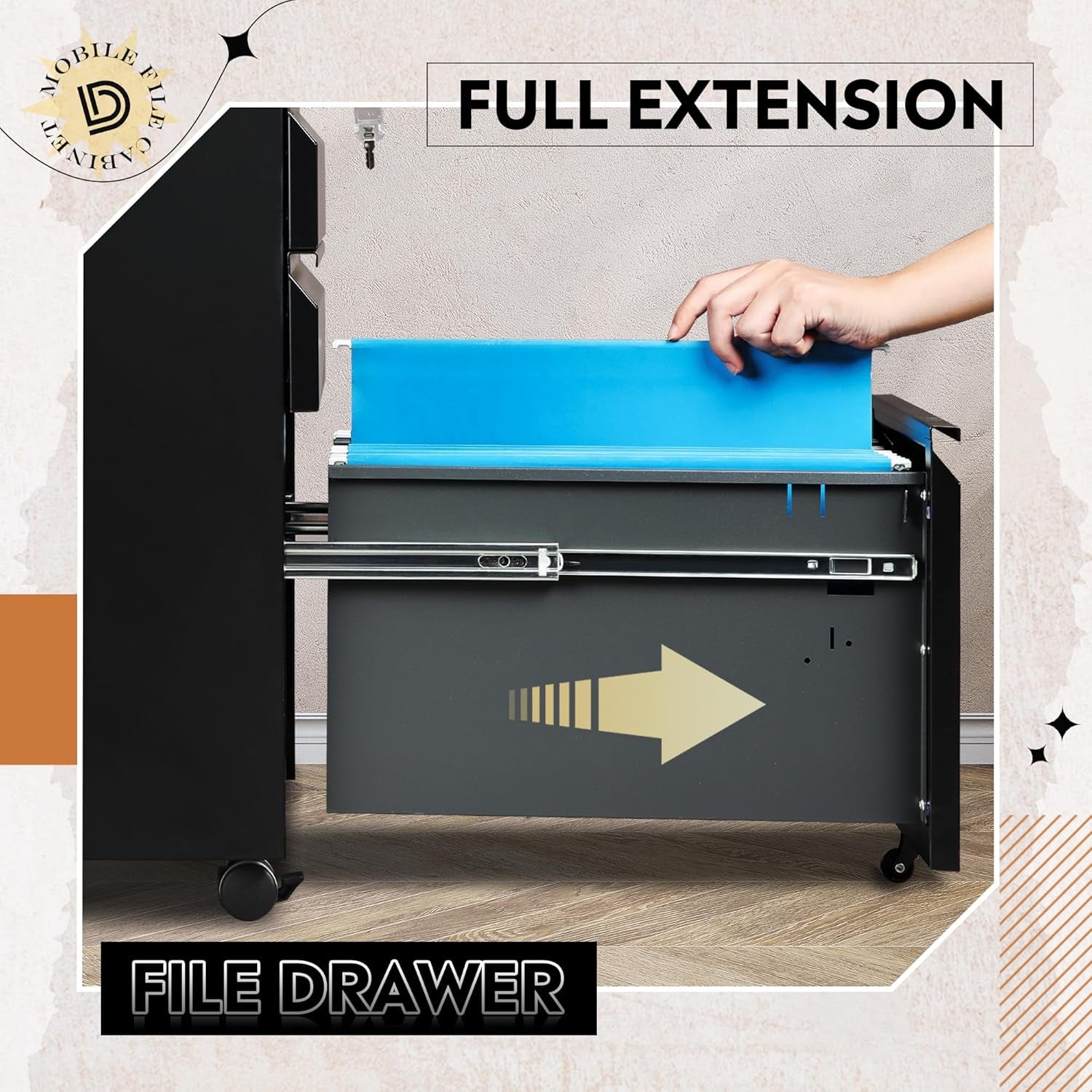3 Drawer Mobile File Cabinet with Lock, Metal Filing Cabinet under Desk for Home Office, Fully Assembled except Casters, Fits Letter/Legal/A4 Size, Black
