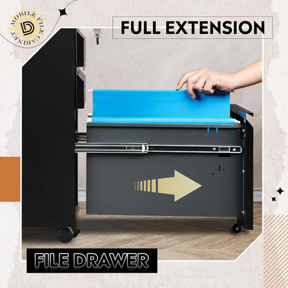 3 Drawer Mobile File Cabinet with Lock, Metal Filing Cabinet under Desk for Home Office, Fully Assembled except Casters, Fits Letter/Legal/A4 Size, Black