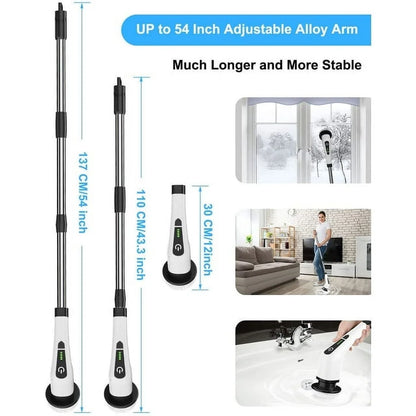 Electric Spin Scrubber, Cordless Cleaning Brush with 8 Replaceable Brush Heads, Power Scrubber with Adjustable & Detachable Handle for Bathroom Kitchen Car,White