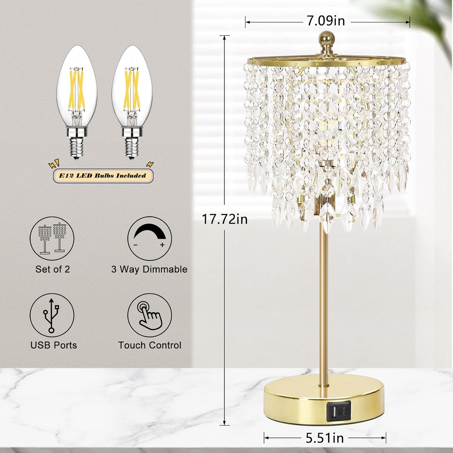 Crystal Table Lamp Set of 2, 3-Way Dimmable Nightstand Lamp with 2 USB Charging Ports, Gold Bedside Lamp for Bedroom, Touch Lamp with Elegant Shade for Living Room, B11 LED Bulb Included