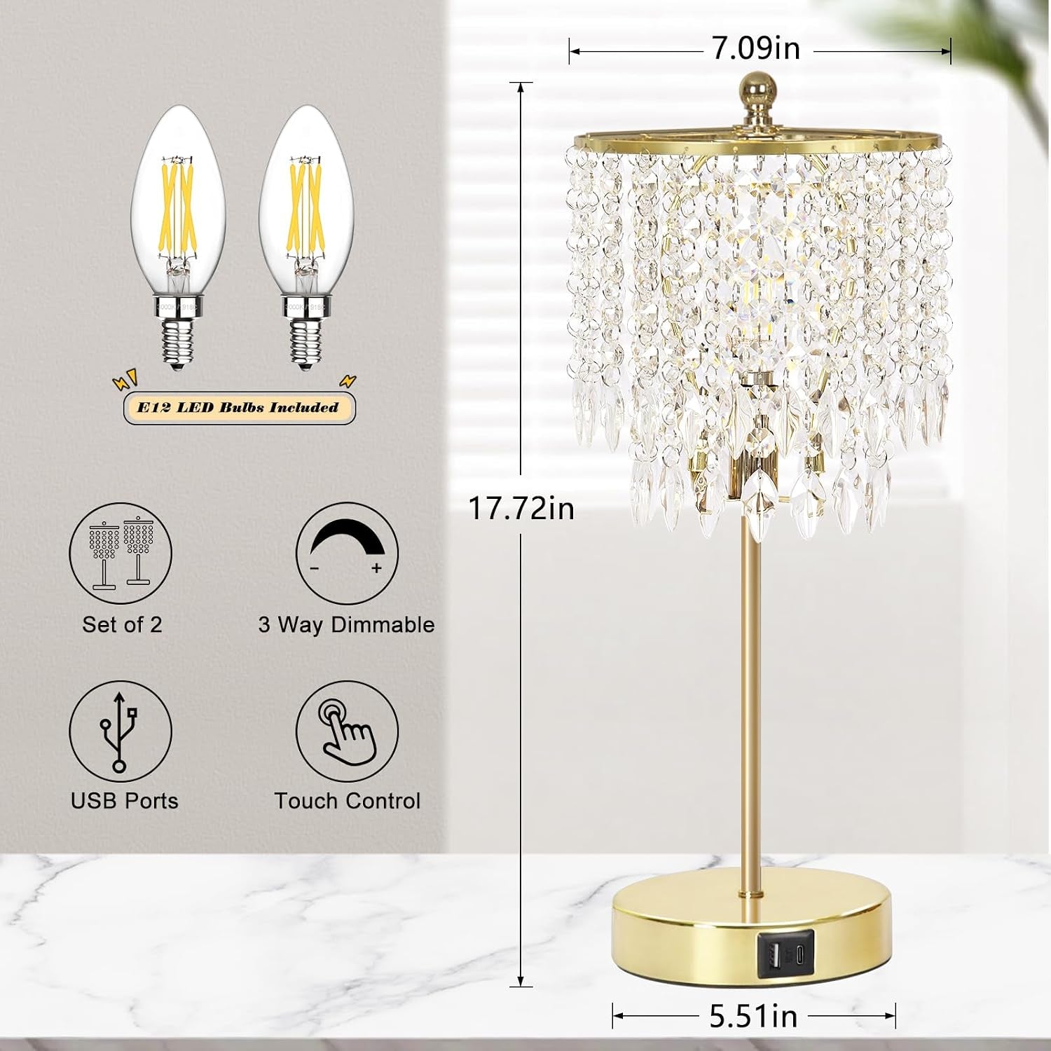 Crystal Table Lamp Set of 2, 3-Way Dimmable Nightstand Lamp with 2 USB Charging Ports, Gold Bedside Lamp for Bedroom, Touch Lamp with Elegant Shade for Living Room, B11 LED Bulb Included